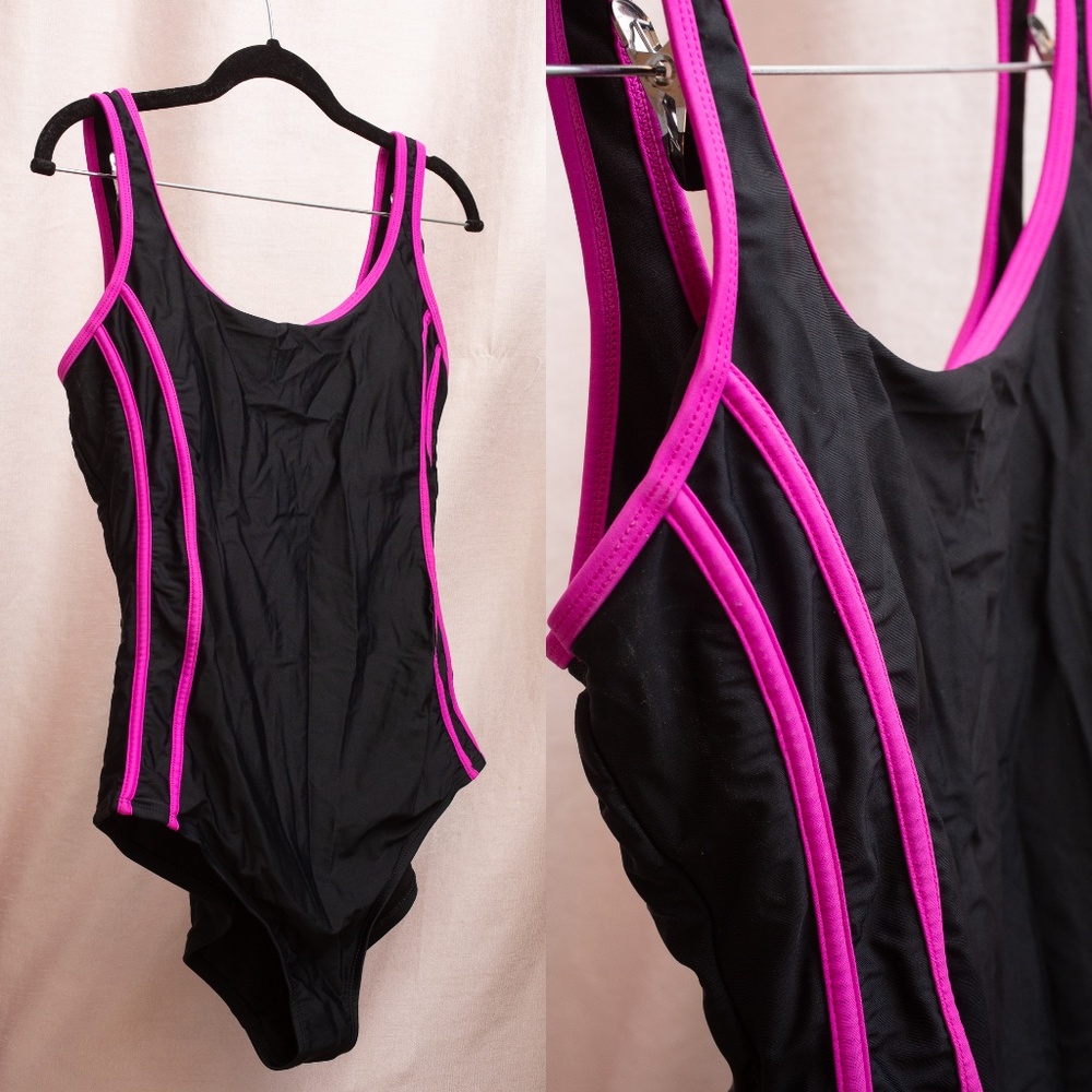 Womens Black with Hot Pink One Piece Swimsuit Built In Padded Bra - Catalina -XL
